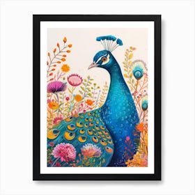 Floral Peacock Portrait Illustration 3 Art Print