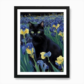 van goth Black Cat In Irises Art Print