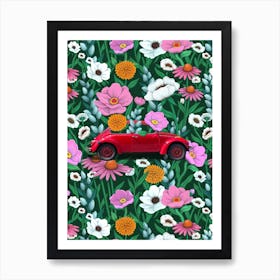 Floral Vintage Red Car Art Print