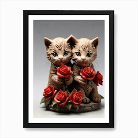 Two Kittens With Roses Art Print