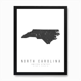 North Carolina Mono Black And White Modern Minimal Street Map Art Print