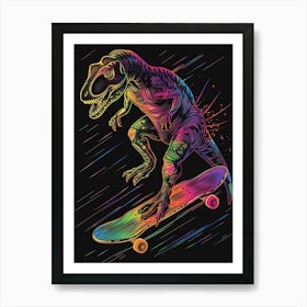 Neon Dinosaur Line Illustration On A Skateboard 3 Art Print