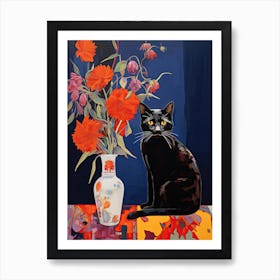 Anemone Flower Vase And A Cat, A Painting In The Style Of Matisse 0 Art Print