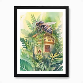 Striped Sweat Bee Beehive Watercolour Illustration 1 Art Print