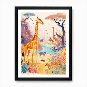 Giraffe With Other Animals By The Lake 1 Art Print