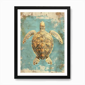 Chalk Blue & Brown Sea Turtle Collage Art Print