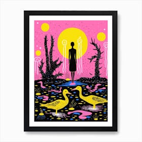 Linocut Inspired Ducks In The Forest With A Silhouette Art Print