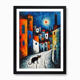 Painting Of Prague With A Cat In The Style Of Surrealism, Miro Style 4 Art Print