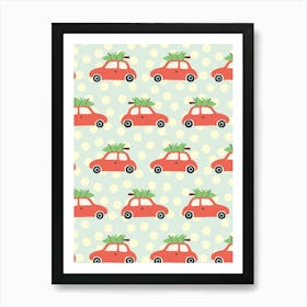 Little Red Cars with Bright Green Christmas Trees Light Blue and Cream Polka Dot Art Print