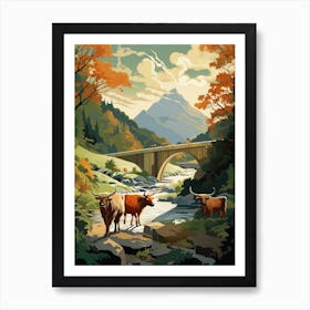 Animated Highland Cows By A Bridge & River Art Print