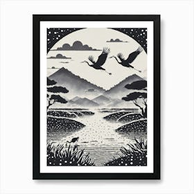 Cranes Flying Over A Misty Marshland Ukiyo-E Style Art Print