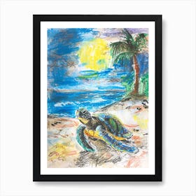 Pencil Scribble Of A Sea Turtle On The Beach 2 Art Print