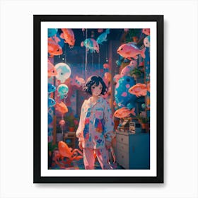 Girl In A Room Full Of Fish Art Print