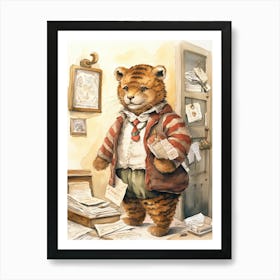 Tiger Illustration Collecting Stamps Watercolour 3 Art Print