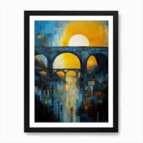 Blue Bridge with Sun IV, Modern Vibrant Colorful Painting in Oil Style Art Print