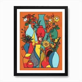 Abstract Colorful Flowers In Vases Art Print