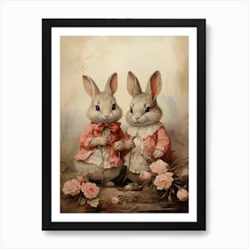 Two Rabbits With Roses Art Print