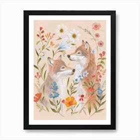 Folksy Floral Animal Drawing Wolf 3 Art Print