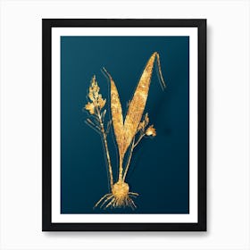 Vintage Pine Pink Botanical in Gold on Teal Blue Art Print