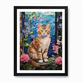 Mosaic Of Cat In The Garden With Pink Flowers Art Print