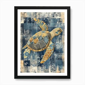 Navy Blue Tiled Sea Turtle Collage Art Print