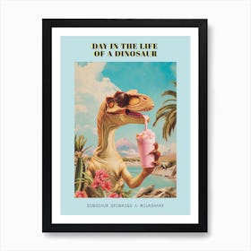 Dinosaur Drinking A Milkshake Retro Collage 3 Poster Art Print
