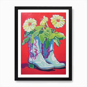 A Painting Of Cowboy Boots With Daisies Flowers, Fauvist Style, Still Life 3 Art Print