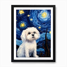 Maltese Starry Night Dog Portrait Art Print