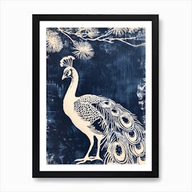 Navy & Cream Linocut Inspired Peacock In The Plants 5 Art Print