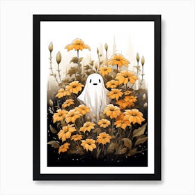 Cute Bedsheet Ghost, Botanical Halloween Watercolour 78 Art Print