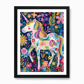 Folky Floral Colourful Unicorn Portrait Art Print