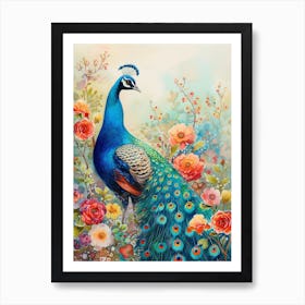 Storybook Style Floral Peacock Illustration 2 Art Print