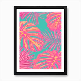 Tropical Monstera and Palm Leaves Pink on Turquoise  Art Print