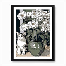 Drawing Of A Still Life Of Daisies With A Cat 2 Art Print
