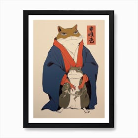 Frog And Cat, Matsumoto Hoji Inspired Japanese Woodblock 2 Art Print