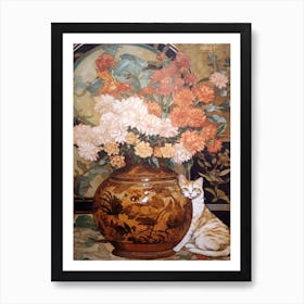 Chrysanthemums With A Cat 3 Art Nouveau Style Art Print