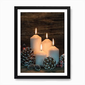 Christmas Candles On A Wooden Table Art Print