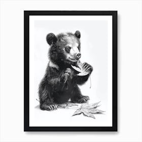 Malayan Sun Bear Cub Playing With A Fallen Leaf Ink Illustration 2 Art Print