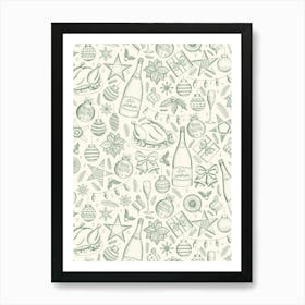 Holiday Dinner Toile Vintage Style Christmas Dinner Green and Cream Art Print