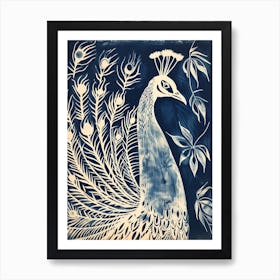 Navy Blue Peacock Leaf Portrait 1 Art Print