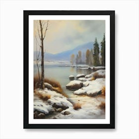 Ancient landscapes, old winter oil paintings and rocks around the lake bank. Snow is falling on the lake, old colors.3 1 Art Print