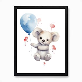 Baby Koala Flying With Ballons, Watercolour Nursery Art 1 Póster