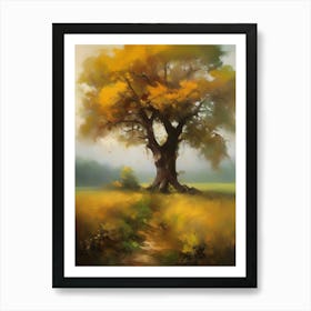 Oak tree, fine work of art, misty atmosphere, green meadow..1 Art Print