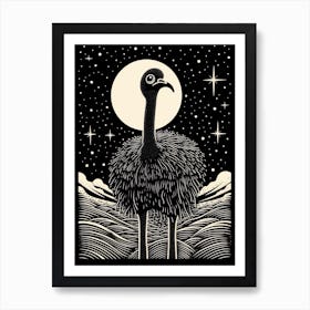 B&W Bird Linocut Ostrich 1 Art Print