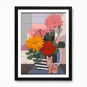 Chrysanthemums With A Cat 1 Abstract Expressionist Art Print