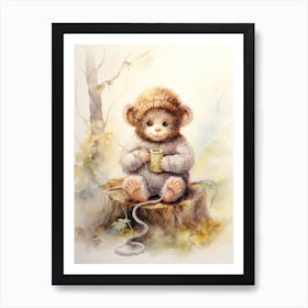 Monkey Painting Knitting Watercolour 1 Art Print