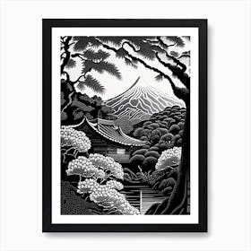 Koraku En, 1, Japan Linocut Black And White Vintage Art Print