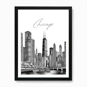 Chicago Skyline, Black And White Illustration Art Print