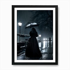 Woman Holding Umbrella In The Rain Art Print