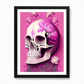 Skull With Surrealistic Elements 6 Pink Line Drawing Art Print